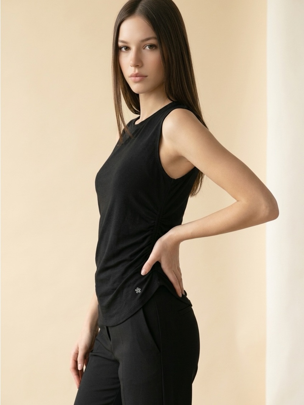 Shambhala Black Tee Tank Sheered Gathered Sleeveless Top XL